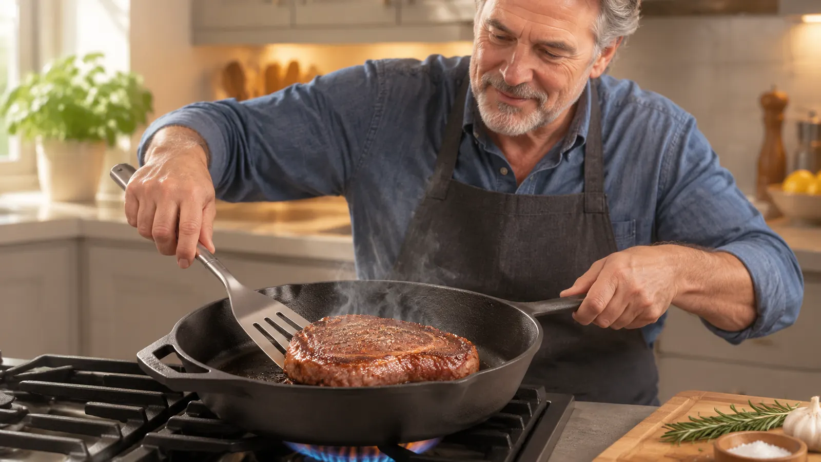 A cook's hand sliding a metal spatula under a sizzling steak in a cast iron skillet on a home stove, steam rising