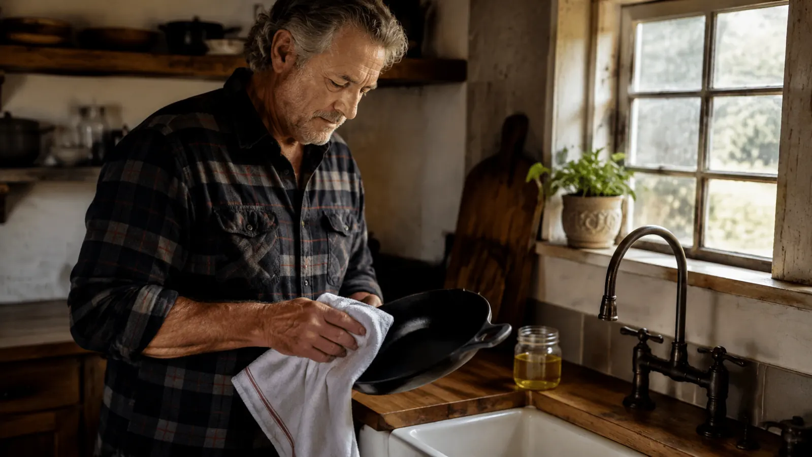 An older man in a flannel shirt drying a seasoned cast iron skillet with a white cotton towel at a farmhouse sink