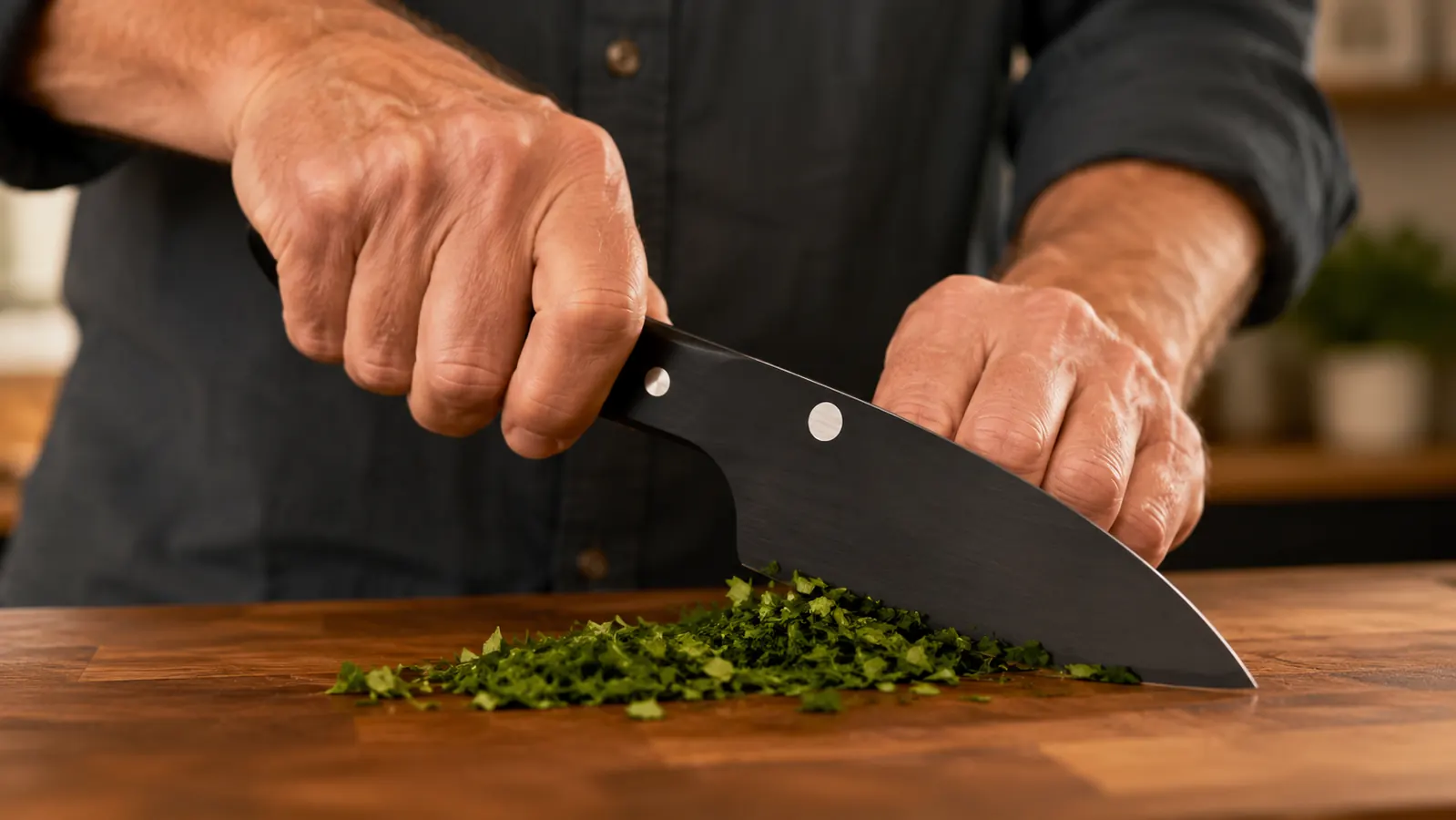 A home cook's hand mincing fresh herbs with an 8-inch chef's knife on a wooden board, fingertips curled against the blade