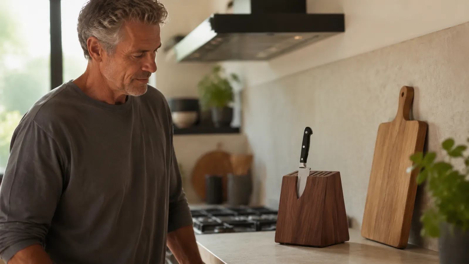 A wooden knife block on a tidy kitchen counter holding a single chef's knife in the center slot, the other slots empty