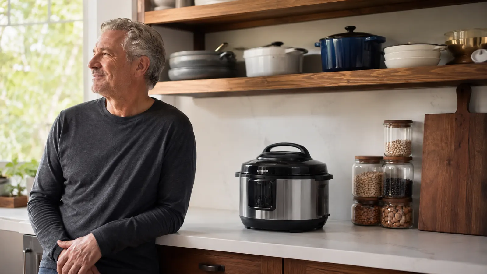 A tidy kitchen counter where a slow cooker, rice cooker and steamer have been cleared away, leaving a single multicooker beside jars of dry beans