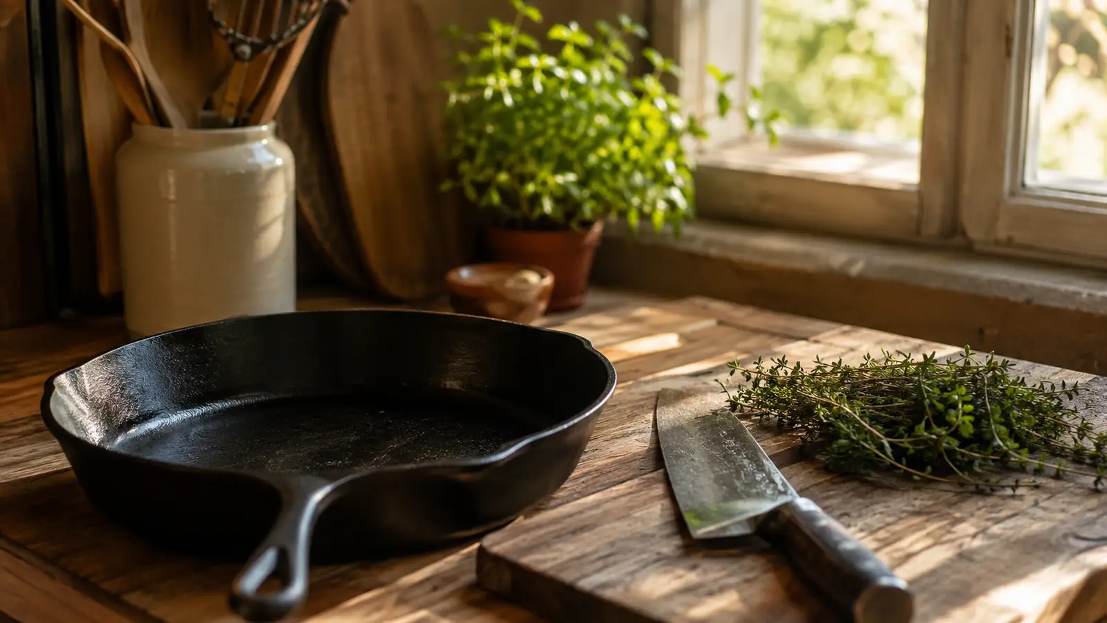 A seasoned cast iron skillet and a chef's knife on a wooden counter in warm morning light