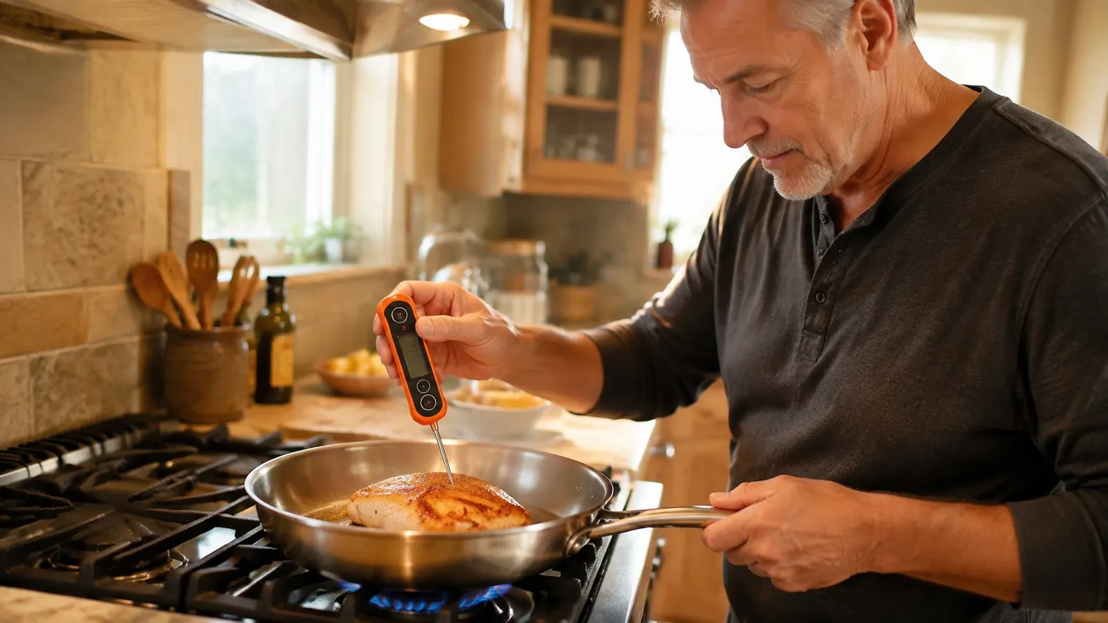 The TempPro TP19H instant-read thermometer with its probe inserted into the thickest part of a chicken breast in a stainless skillet