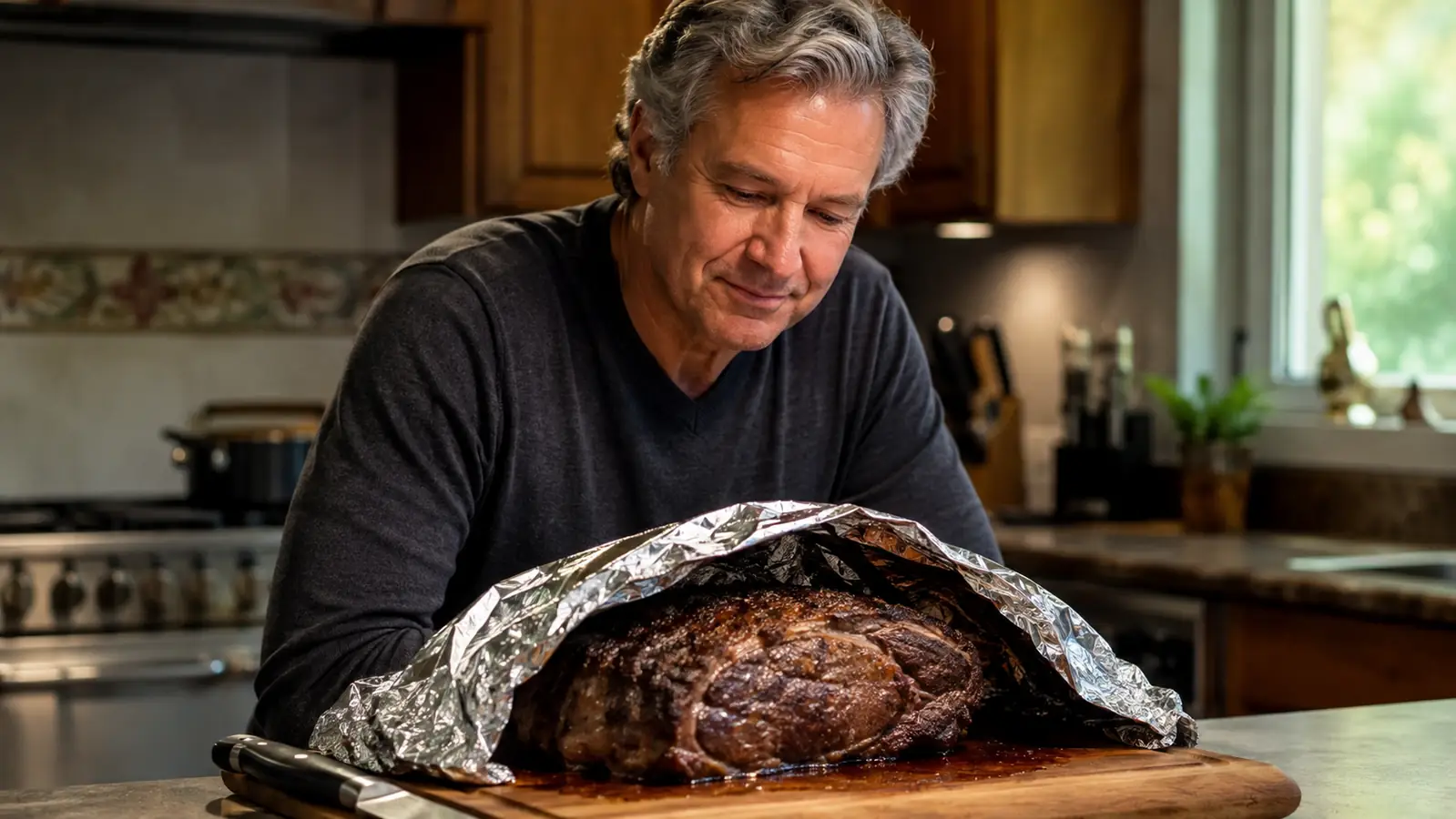 A cooked beef roast resting under a loose foil tent on a wooden carving board with a carving knife set aside