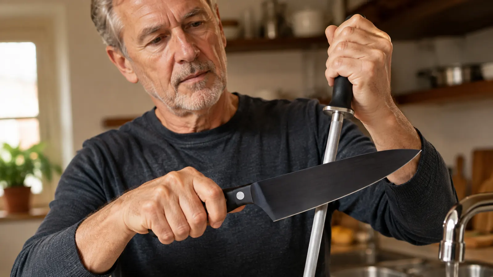 A hand honing a chef's knife against a vertical steel rod held over the kitchen sink