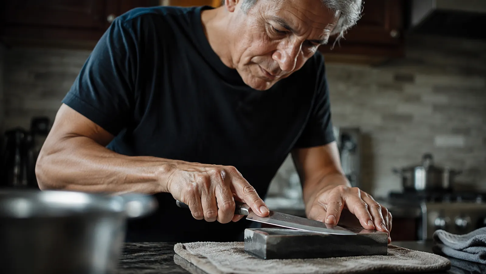 A hand drawing a chef's knife across a wet whetstone sitting on a damp towel on the counter