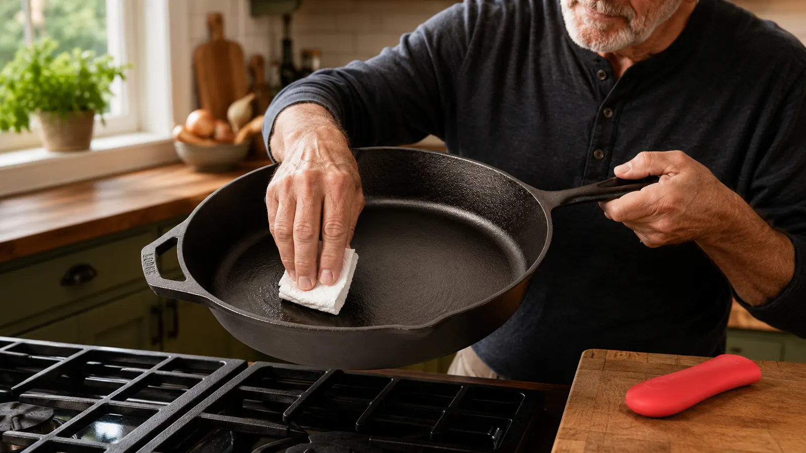 A hand wiping a thin layer of oil across the inside of a large cast iron skillet with a folded paper towel