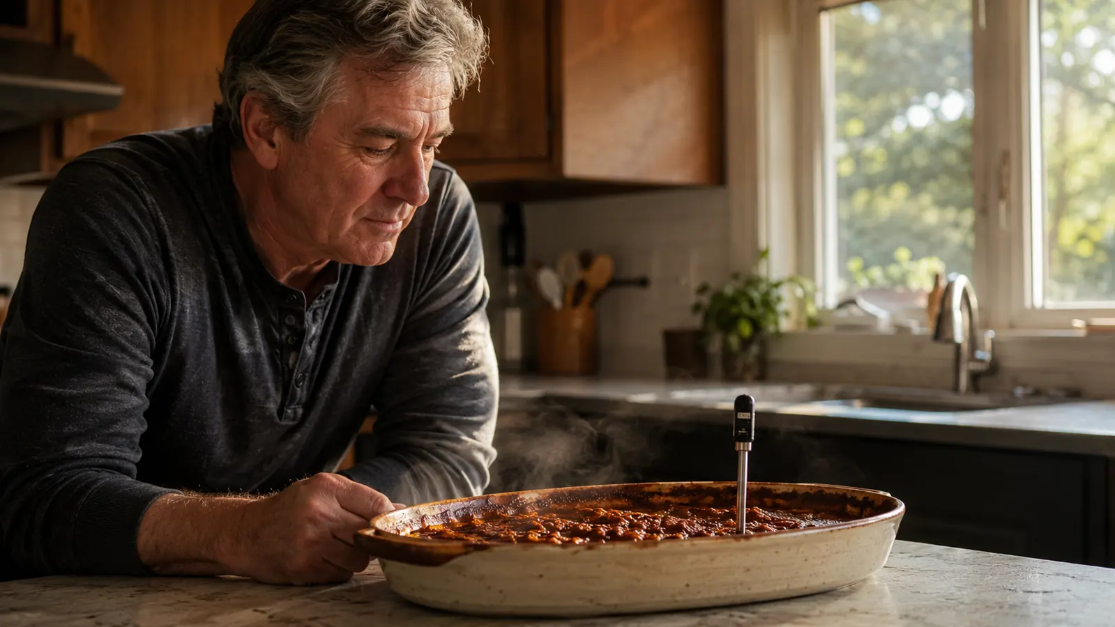Leftover chili cooling in a wide shallow dish on a counter with a probe thermometer standing in it