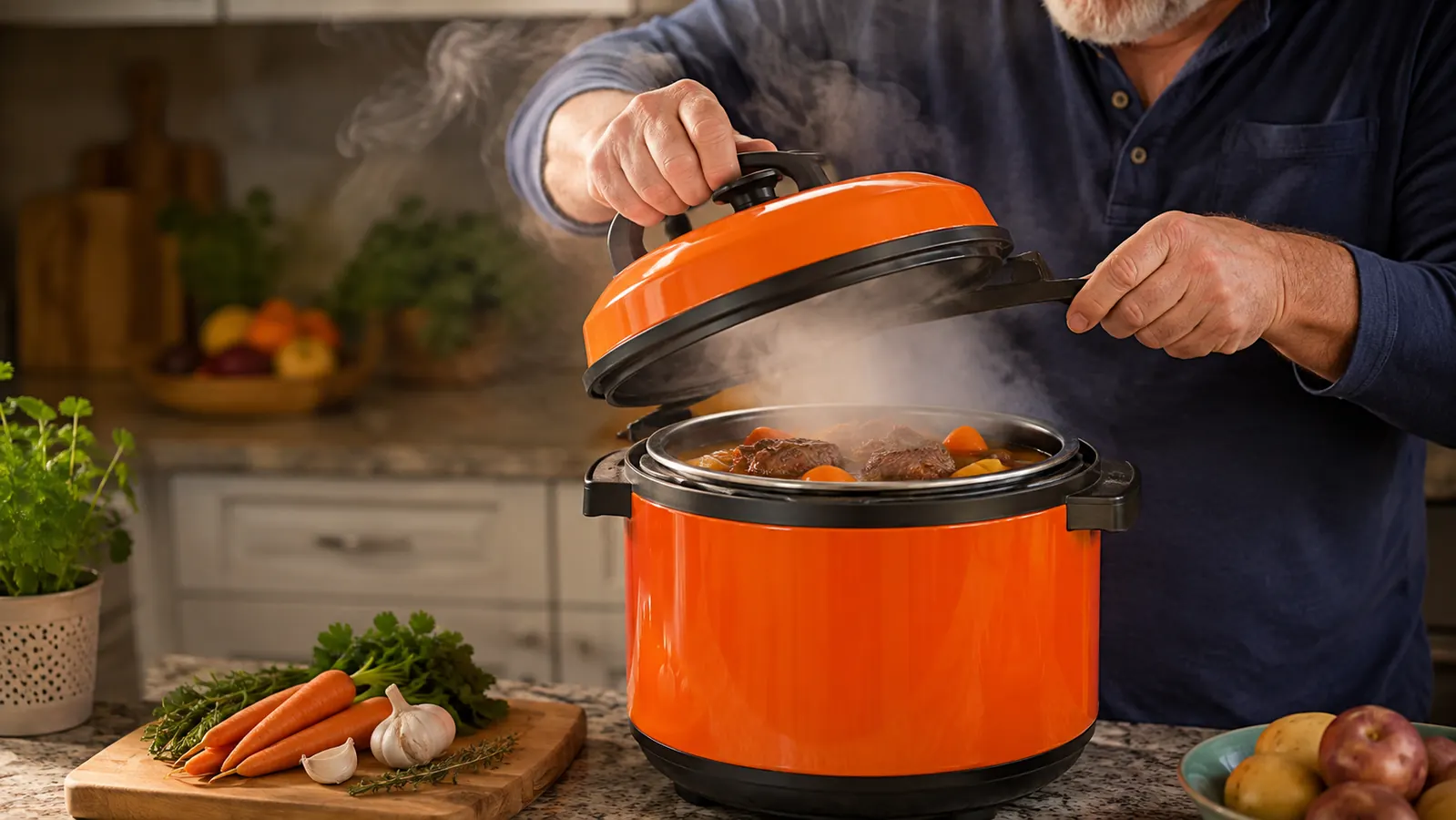 A cook lifting the lid of the multicooker, steam pouring out over a pot roast with carrot chunks.