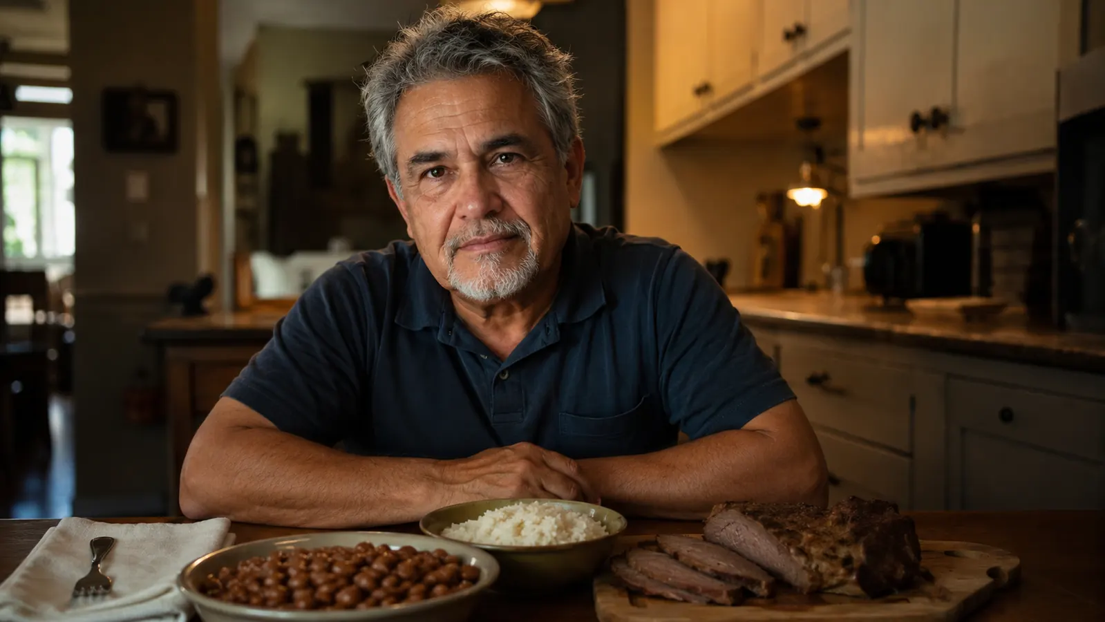 A weeknight dinner of beans, rice and sliced pot roast on a wooden table under warm lamp light.
