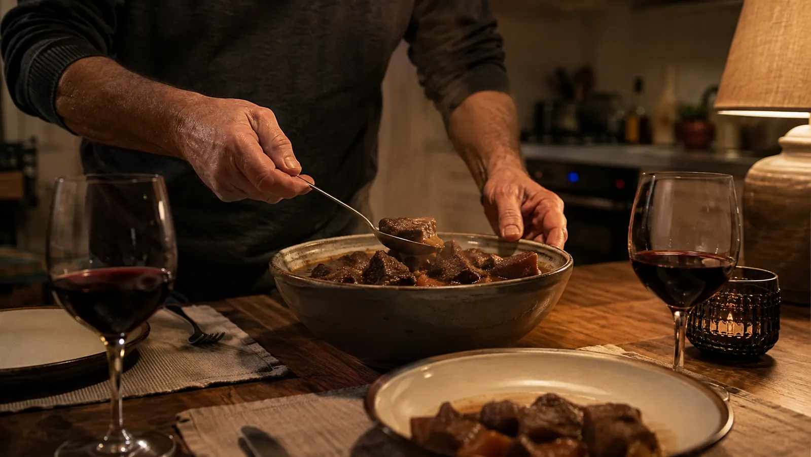 A simple braised beef supper with steam rising on a home dinner table set for two in the evening.