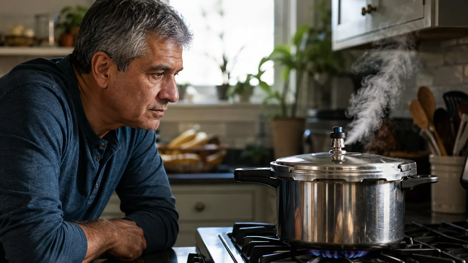 A traditional stovetop pressure cooker on a gas range with steam puffing from its rocking regulator and the burner flame turned low.