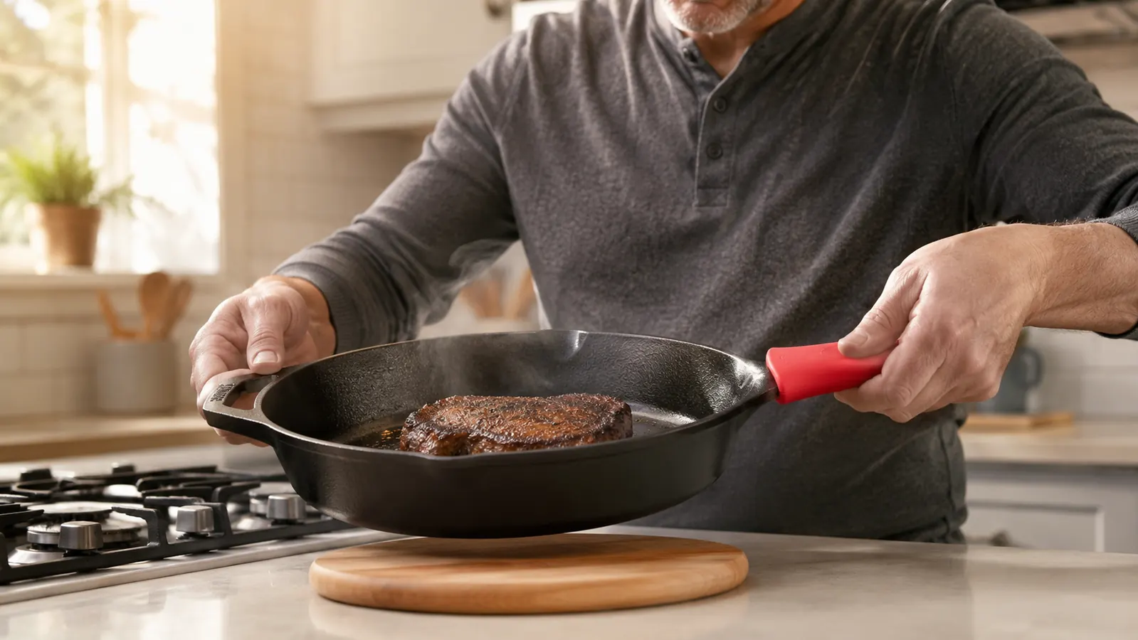 A hand gripping the silicone handle cover of a cast iron skillet and lifting it from a burner to a wooden trivet, a seared steak inside and steam rising