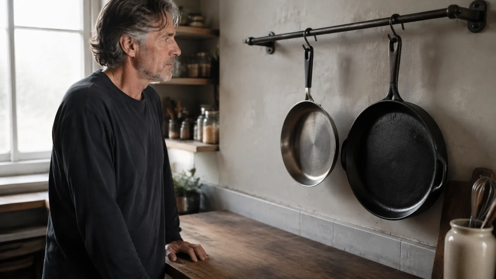Two frying pans hanging on a wall rack over a worn wooden kitchen counter, one heavier with a rough surface and one lighter and smooth