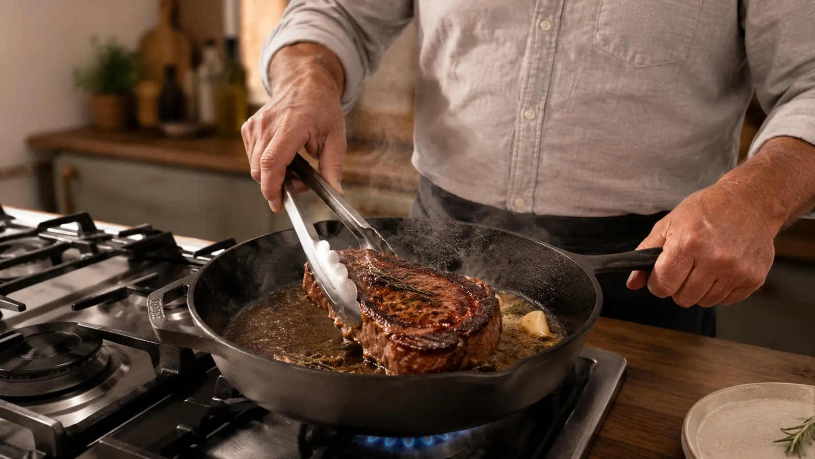 Hands flipping a steak in a cast iron skillet with metal tongs on the stove