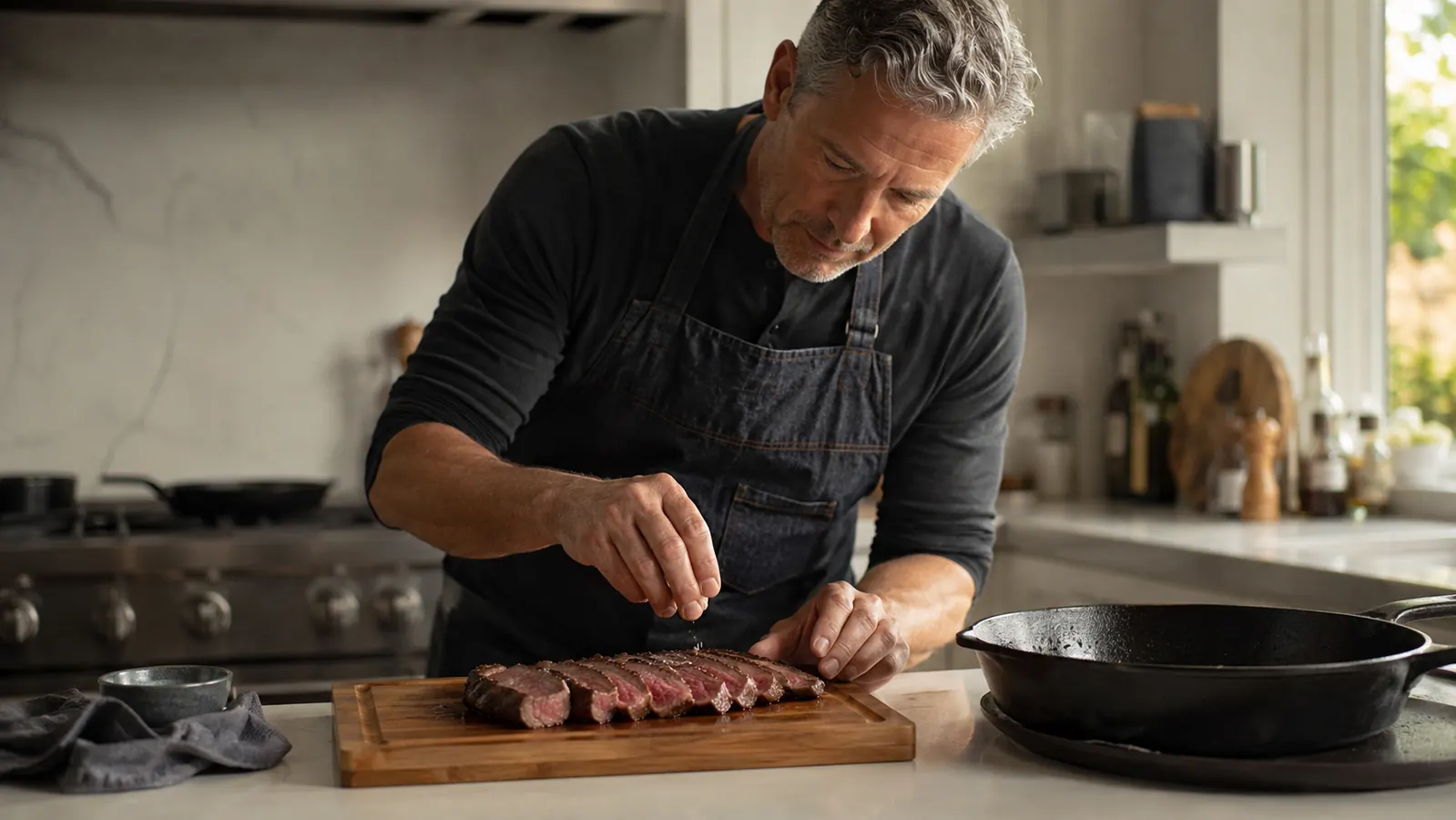 A sliced medium-rare steak resting on a wooden cutting board with the cast iron skillet set to the side