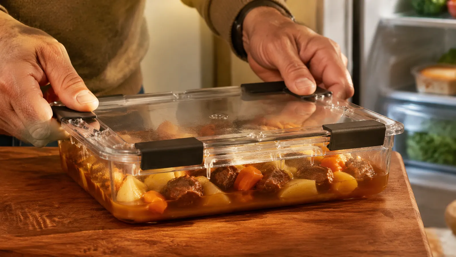 Hands pressing the four corner latches shut on a clear container of leftover stew at an open refrigerator