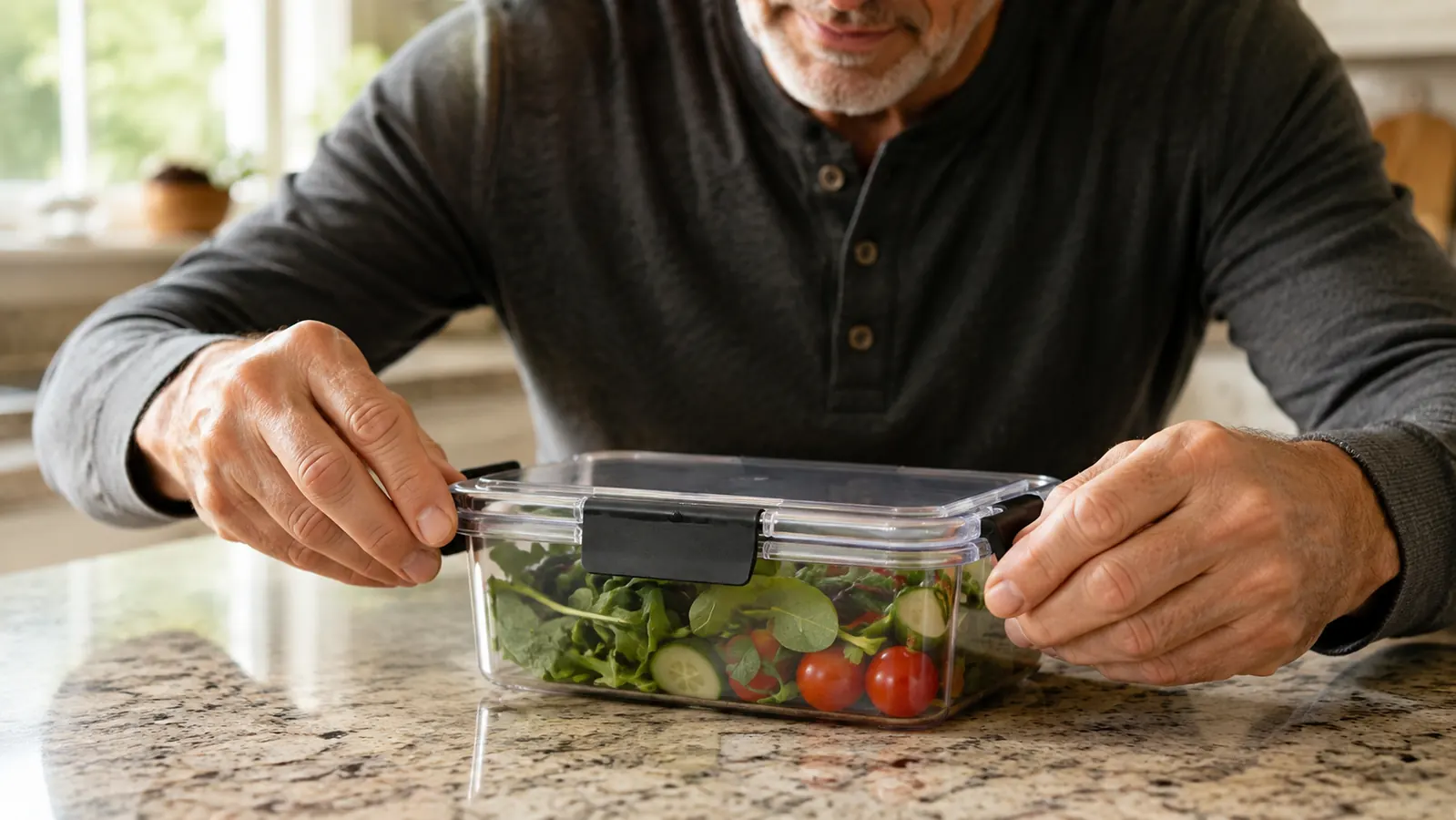 Hand pressing the four side latches closed on a clear food storage container on a kitchen counter