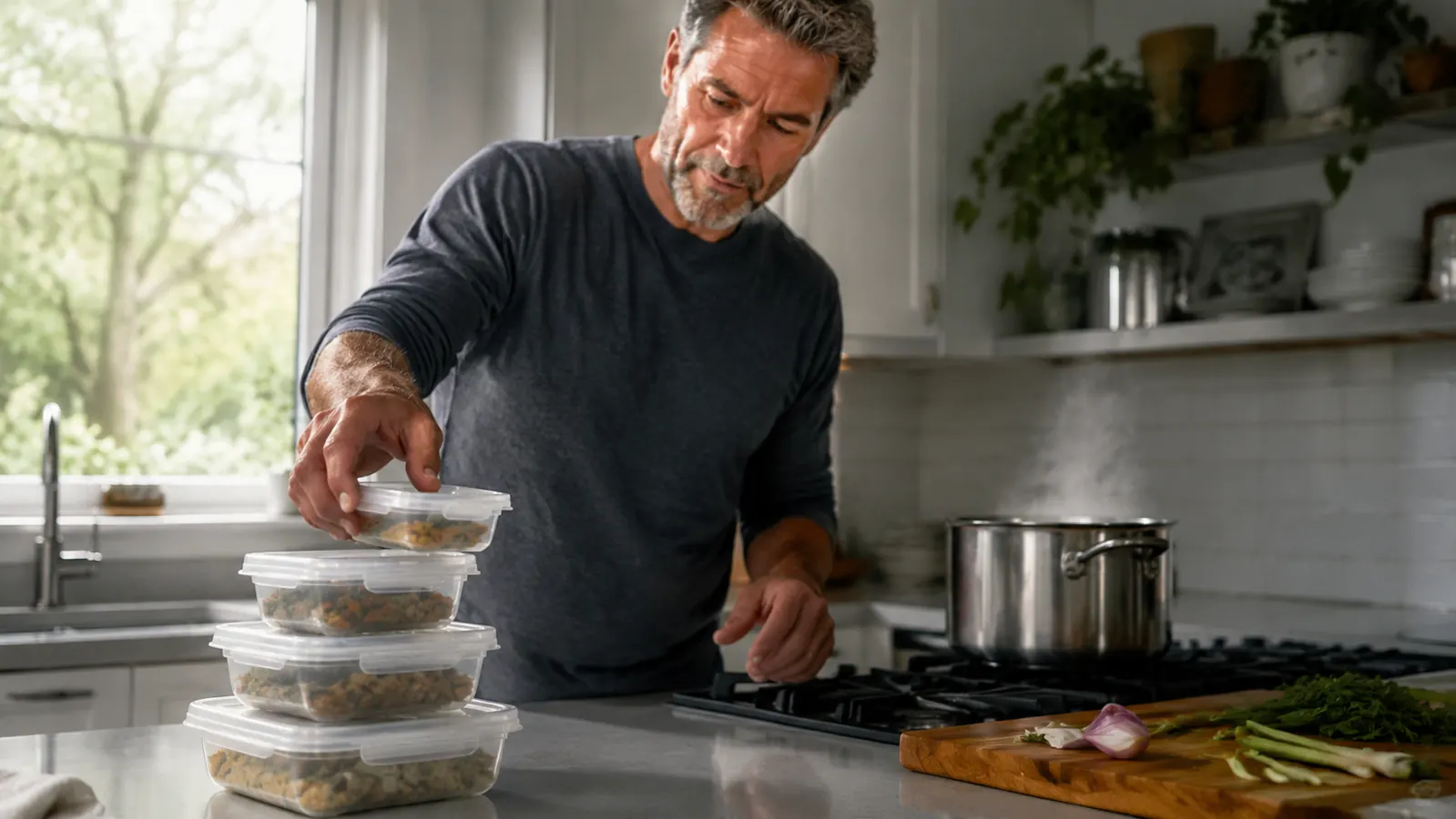 Stack of clear nesting food containers on a kitchen counter next to a stainless pot on the stove