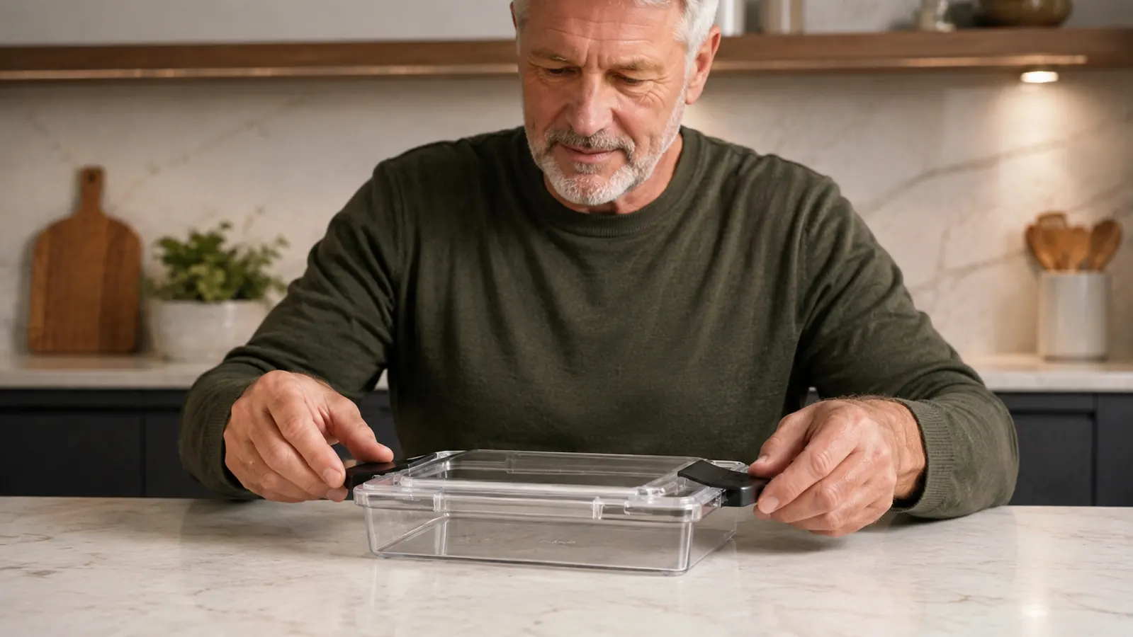 A hand pressing down the four corner latches to close a clear food storage container on a kitchen counter.