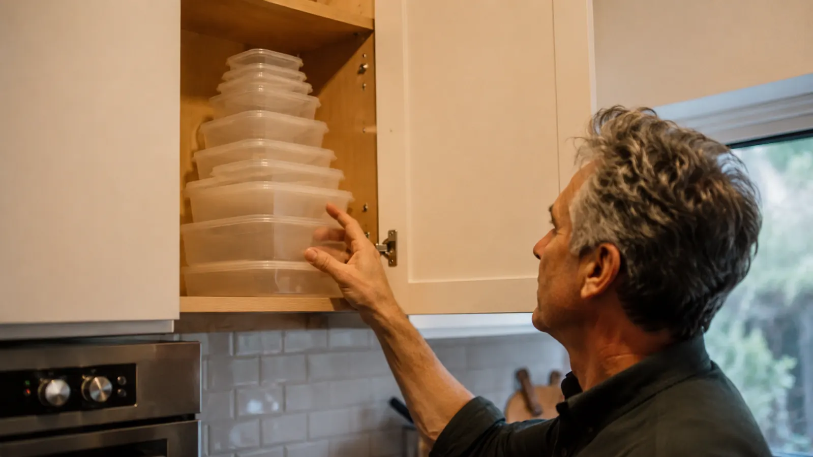 A kitchen cabinet shelf with translucent storage containers nested neatly inside one another.