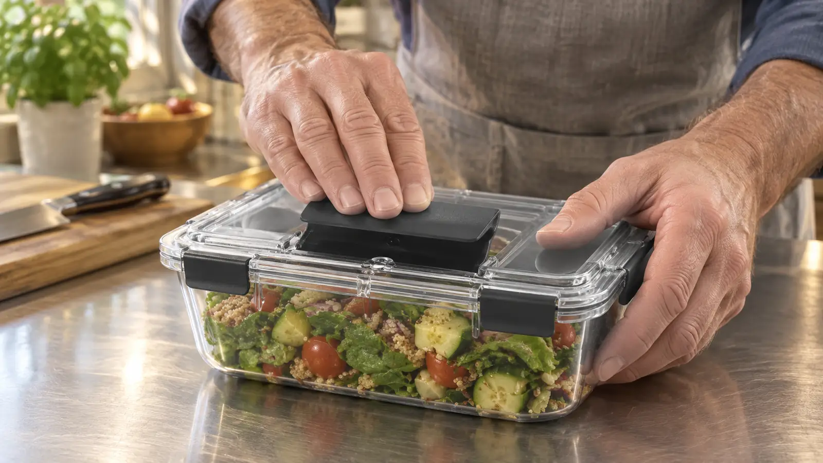 Hands pressing down on the center of a clear food storage container lid to latch it shut