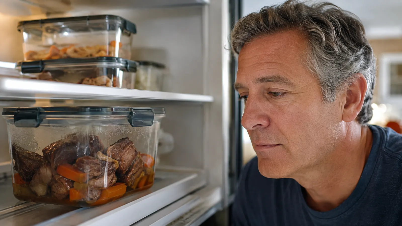 Leftover pot roast and carrots visible through a clear food storage container placed on a refrigerator shelf