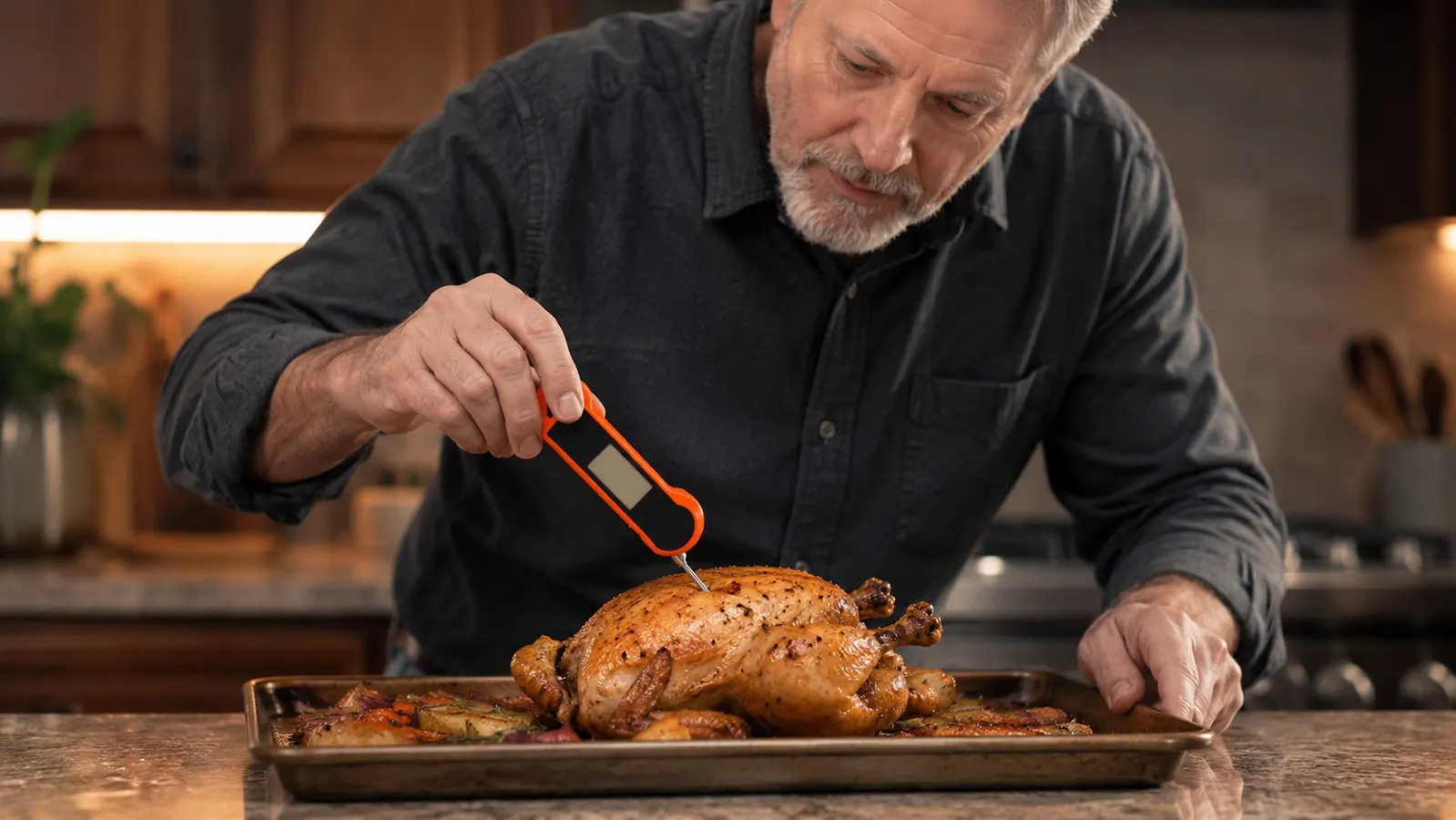 Hand inserting the probe of an instant-read thermometer into the thick part of a roast chicken breast