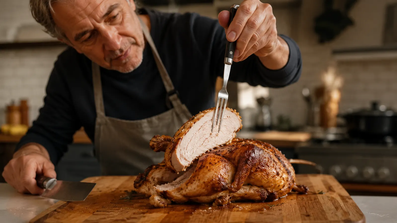 Carving a roast chicken into moist slices on a wooden board