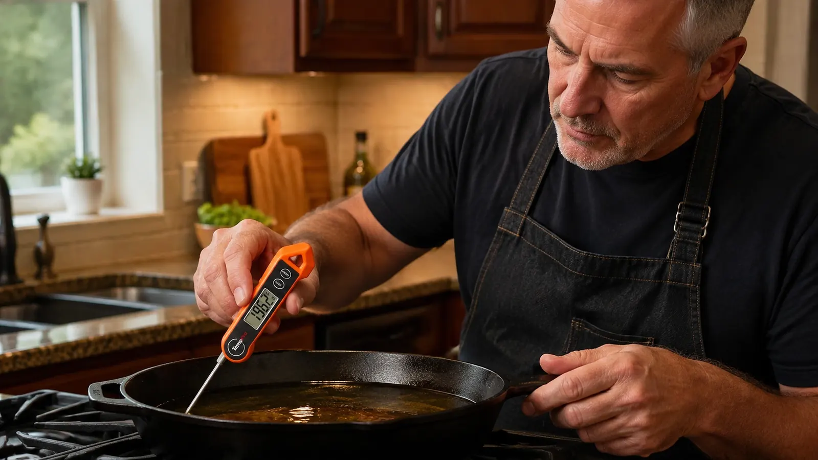 The instant-read thermometer held in a hand with its probe dipping into a shallow pan of shimmering oil on a stovetop, reading visible on the display