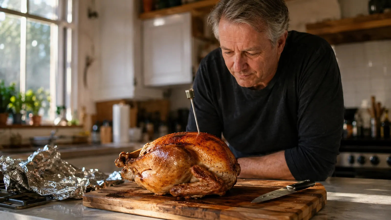A golden roast bird resting on a wooden cutting board with a thin probe thermometer still in the thickest part of the breast and loosely crumpled foil nearby