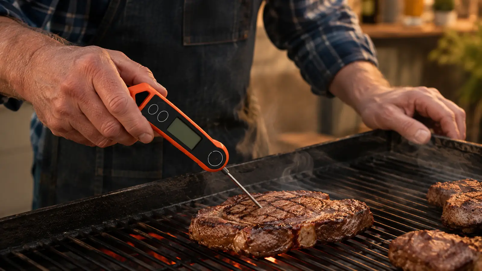 A hand inserting an instant-read thermometer into a thick steak on a grill grate, smoke drifting at dusk
