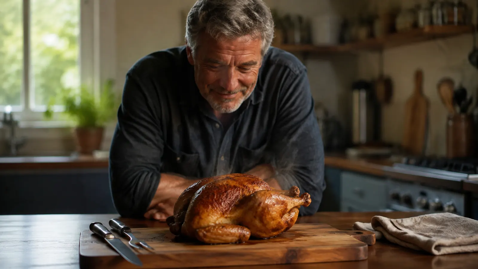 A roast chicken resting on a cutting board with steam rising, carving tools beside it, kitchen window light
