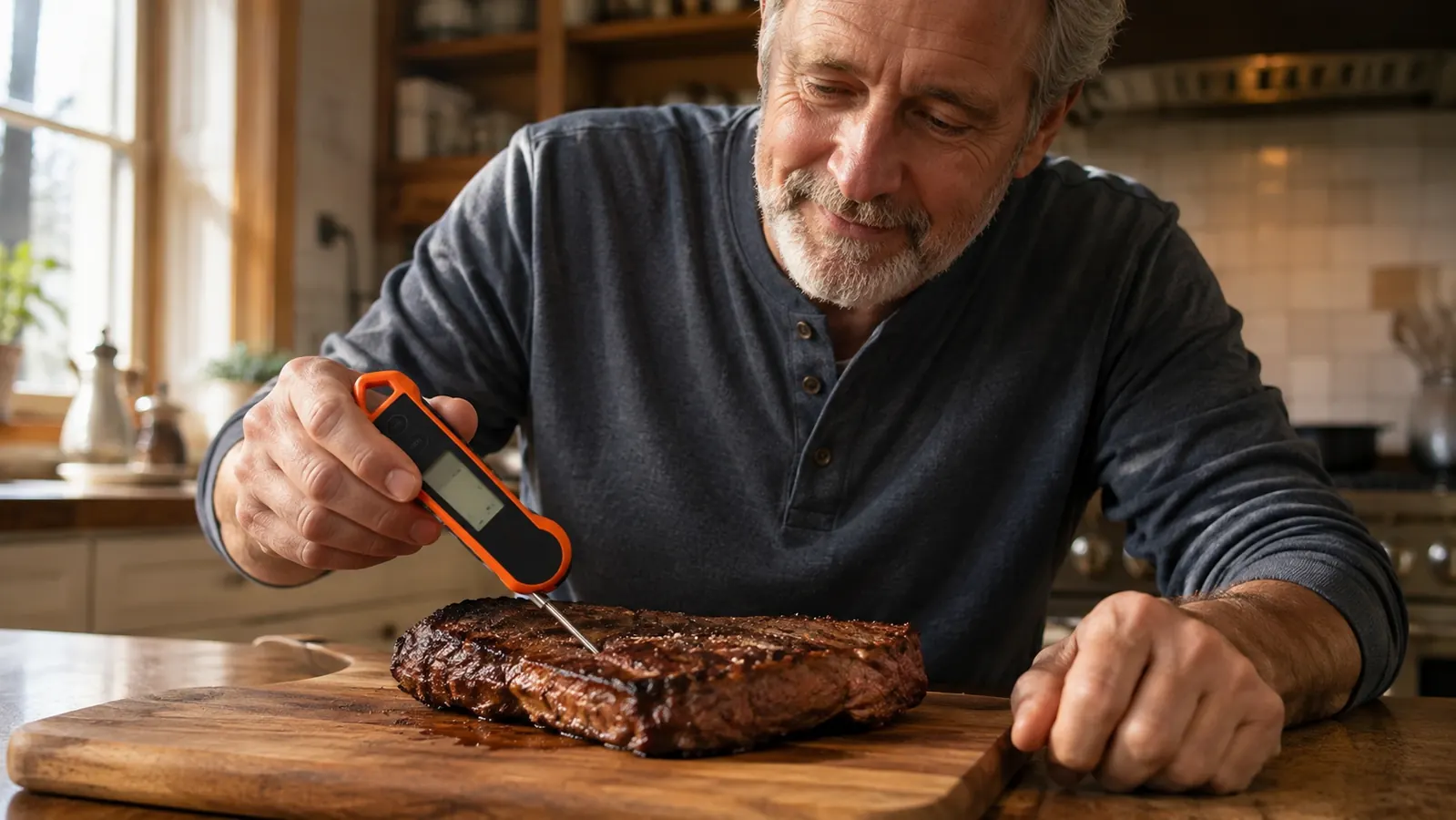 An older adult's hand holds a small digital meat thermometer with its probe in a thick grilled steak on a wooden cutting board