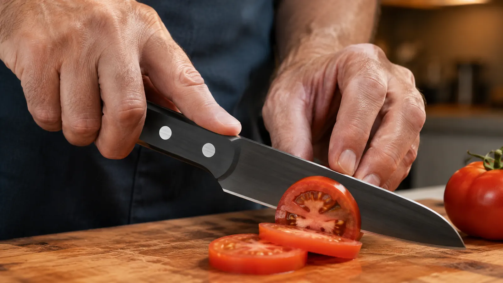 Close-up of a man's hand guiding a chef's knife through a ripe tomato on a wooden cutting board