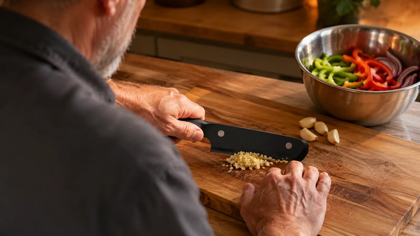 Hands of a man in his sixties mincing garlic with the chef's knife on a wooden cutting board, prepped vegetables in a stainless bowl nearby