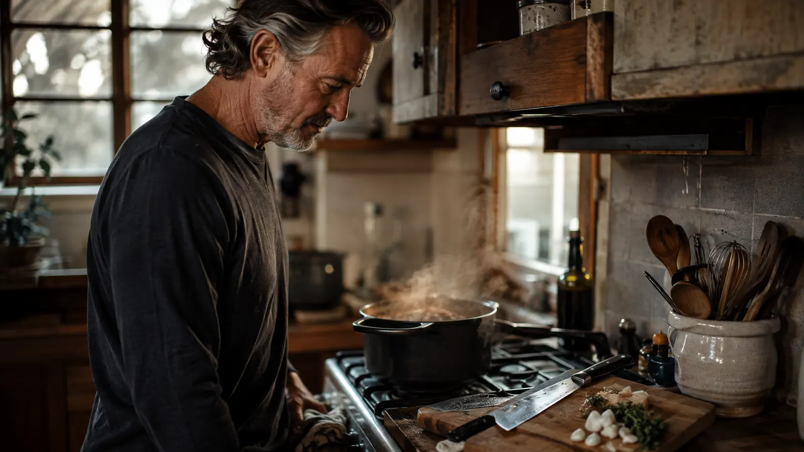 The chef's knife lying at the edge of a kitchen range beside a simmering pot of stew, steam rising in the late evening light