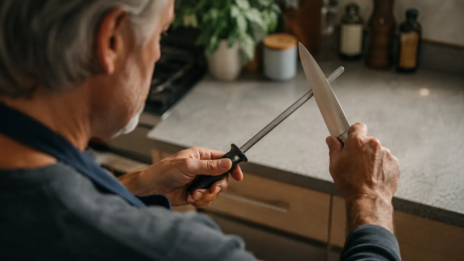 A cook drawing a chef's knife along a honing steel, over the shoulder