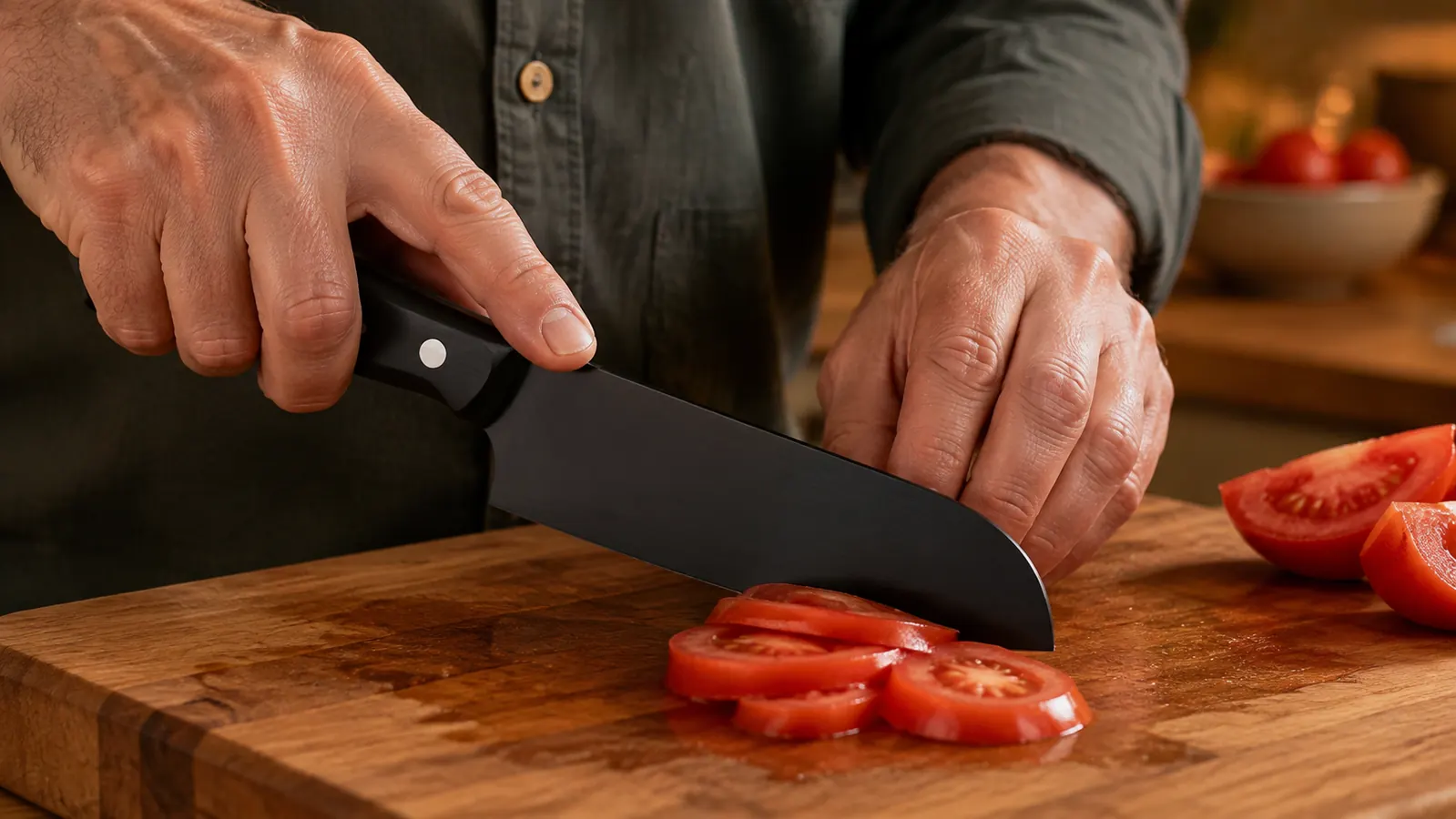 A hand rock-chopping ripe tomatoes on a wooden board with a chef's knife