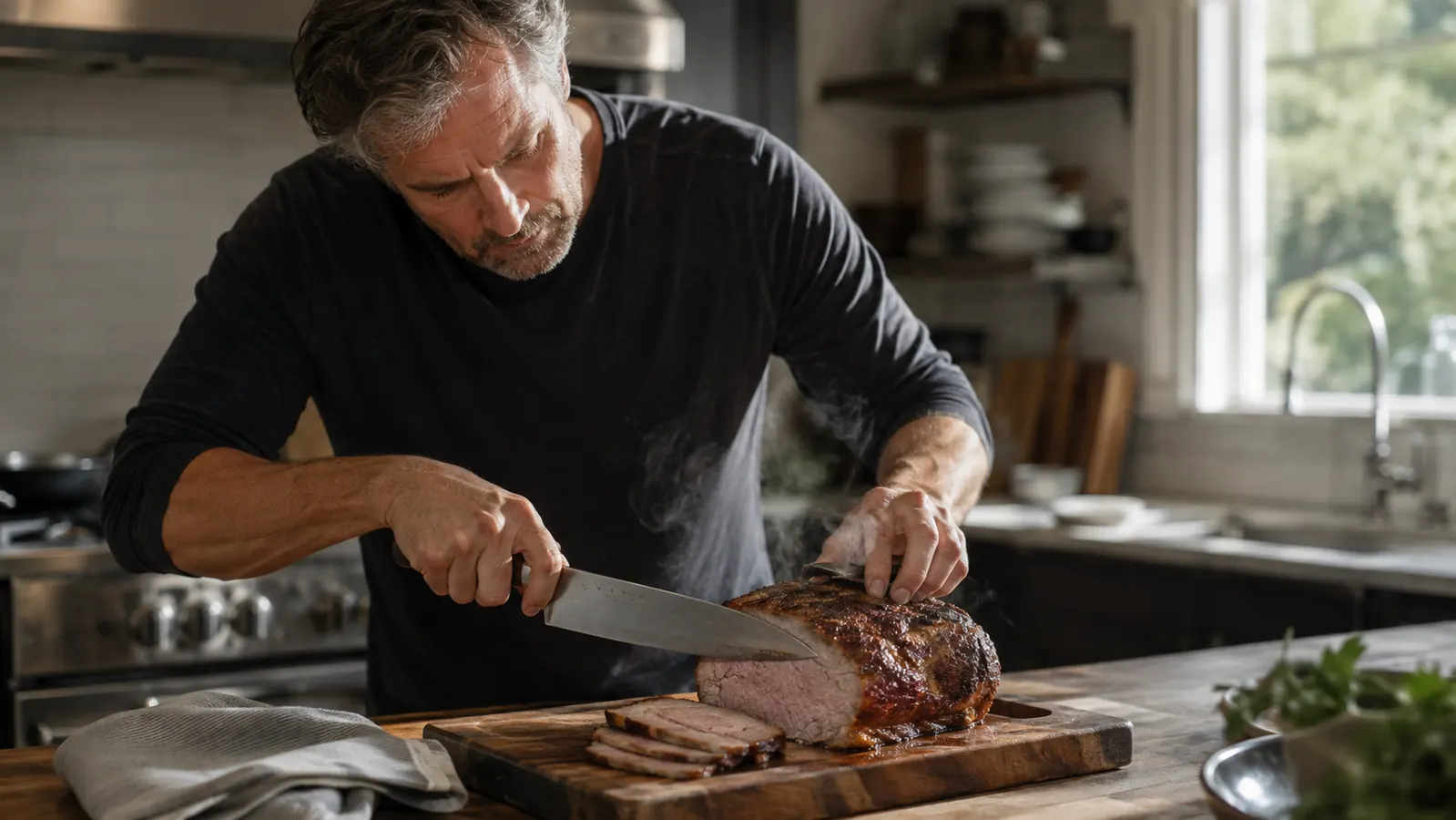 A hand guiding a chef's knife through a carved roast on a wooden board with steam rising